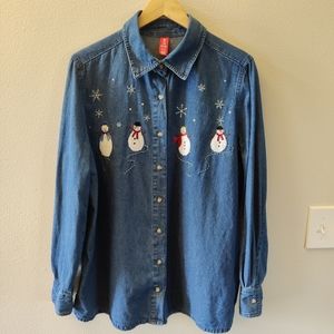 Snowman Winter Denim Button Down Size 1X/16